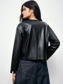Maija Leather Jacket, Autumn/Winter, Long Sleeve, Flap Pocket, Metal Snap Button - Brown - View 3