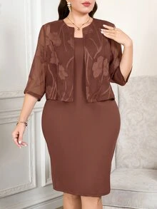 Reflora Fashionable Elegant Cut-Out Top & Dress Plus Size 2 Pieces Set - Redwood - View 5