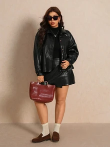 Elaquor Plus Size Women's Solid Color PU Leather Single-Breasted Jacket And Skort Fashion 2 Pieces Set Winter - Black - View 6