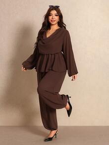Elaquor Plus Size Women's Solid Color Cowl Neck Lantern Sleeve Blouse And Pants Elegant 2 Pieces Set - Coffee Brown - View 4