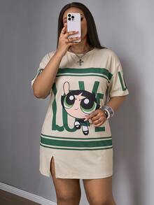Slaydiva THE POWERPUFF GIRLS X SHEIN 大尺碼女款字母卡通印花短袖休閒洋裝，適合外出、街頭穿搭、機場穿著 - 彩色 - 查看 5