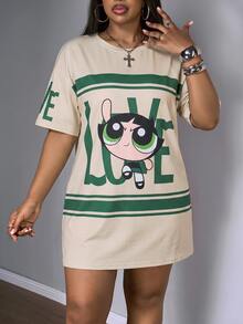 Slaydiva THE POWERPUFF GIRLS X SHEIN 大尺碼女款字母卡通印花短袖休閒洋裝，適合外出、街頭穿搭、機場穿著 - 彩色 - 查看 4