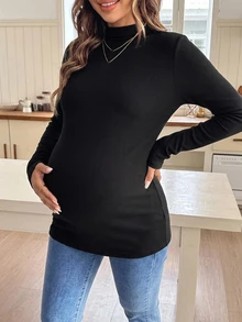 Dazy Maternity Solid Color Slim Fit Elastic Long Sleeve Casual Home Daily Vacation Spring Autumn Top Maternity High Neck Long Sleeve T-Shirt - Black - View 4
