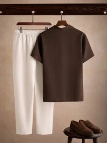 Manfinity Homme Men's Plus-Size Casual V-Neck Short-Sleeve Shirt And Pants Linen Set, Summer, Vintage Style, Comfortable Outfit... - Multicolor - View 2