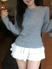 Dazy Plus Korean Style Back Bowknot Long Sleeve Contrast Color Casual Girl Autumn/Winter New Sweater - Grey - View 2