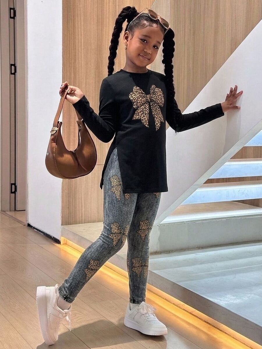 Girlism Tween Girl Leopard Print Bow Long Sleeve Side Slit T-Shirt And Leggings Casual Set - Black - View 1