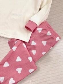 SHEIN 女嬰愛心印花長袖上衣與緊身褲休閒居家服 - 米色 - 查看 6