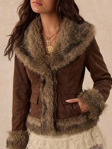 Easelle Women's Autumn/Winter Fashion Retro Fuzzy Patchwork Jacket - Brown - View 3