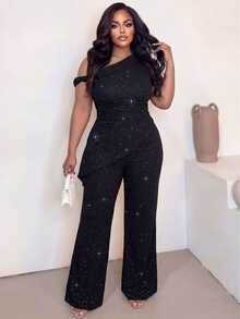 Poshavie Poshavie Plus Size Sparkly Asymmetric Off Shoulder 2 Pieces Set, Ruched Wrap Top & Wide Leg Pants Elegant Party Outfit - Black - View 7