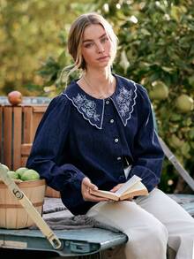 WESTFADE Floral Embroidered Collared Long Sleeve Button Up Denim Top, Fall Winter 2026, Western Style, Cowgirl Clothing, Rodeo, Female Country Look, Autumn - Dark Wash - View 1