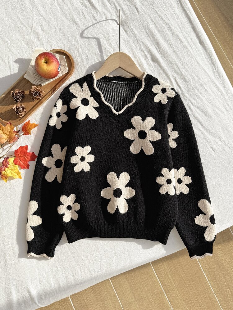 SHEIN Genkimix Kids Teen Girls Sweaters, V-Neck Pullover Knit Top With Design-Driven Jacquard 3D Floral Pattern, Comfortable Soft Black Camel Beige All-Match Versatile Sweet Casual Minimalist Daily Wear For Autumn Winter Travel Outings Parties Outdoor Play Picnic - Multicolor - View 7