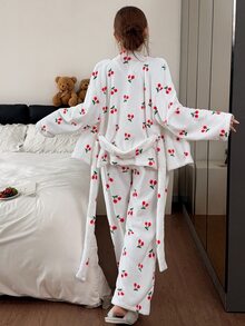 Napfluff Women's Plush Cherry Print Fitted Contrast Trim Camisole Pants And Long Sleeve Cardigan Pajama Set - White - View 3