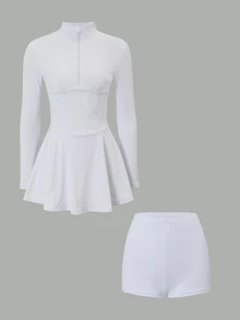 Eassivo Eassivo Lady's Summer Long-Sleeved Fitted Tennis Dress - White - View 7