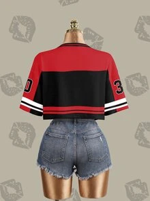 Betty Boop x SHEIN Betty復古黑紅對比色數字與英文字母印花女款寬鬆短版T恤 - 白色 - 查看 4