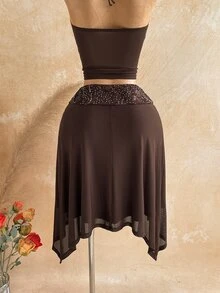 Soleia Women's Vacation Casual Sequin Patchwork Skirt - Brown - View 4