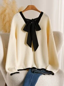 CosyJoli Plus Size Elegant French Casual Commute Minimalist Back Bowknot Knit Versatile Sweater Top For Women Winter - Apricot - View 5