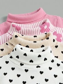 SHEIN 4pcs/Set Cute Versatile Knitted Polka Dot & Floral Pattern Long Sleeve Tops For Baby Girls - Pink - View 1