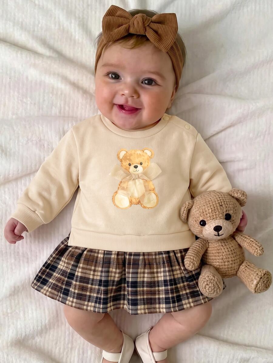 SHEIN Newborn Baby Cartoon Bear Print Patchwork Plaid Hem Cute Dress - Khaki - View 1