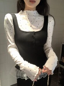 DAZY Women's Sweet Polka Dot Print Lace Patchwork 2 In 1 T-Shirt Fall - Black and White - View 5