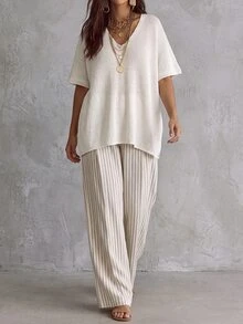 Linhara CURVE Sweater Rajut Longgar Berbentuk V-Neck Lengan Pendek Ukuran Plus untuk Musim Dingin - Putih - View 3