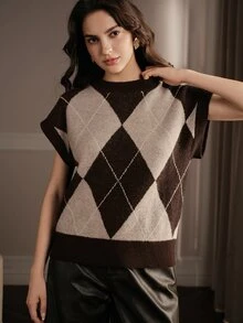 Anewsta Autumn/Winter Diamond Checkered Round Neck Knit Short Sleeve Top, Layering Piece For Sweaters, Versatile And Stylish - Khaki - View 3
