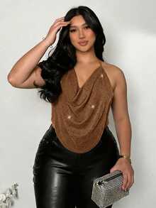 Firerie Plus Size Women's Fashion Versatile Daily Wear Halter Neck Top - Khaki - View 7