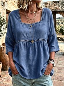 Linhara CURVE Plus Size Lady's Round-Neck Casual Resort Autumn Shirt - Blue - View 3