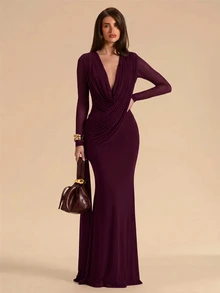 SHEIN BAE Women's Solid Color Pleated Ribbon Design Fishtail Hem Elegant Dress - Red Violet - View 5