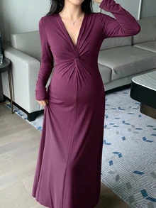 DAZY Solid Color Fitted Waist Twist Deep V Long Sleeve Elegant Vacation Spring Autumn Maternity Dress - Burgundy - View 1