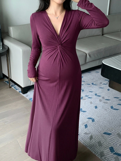 DAZY Solid Color Fitted Waist Twist Deep V Long Sleeve Elegant Vacation Spring Autumn Maternity Dress