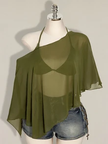 SHEIN ICON 大尺碼雪紡外套與三角罩杯繫帶背心兩件套女裝 - 軍綠色 - 查看 3