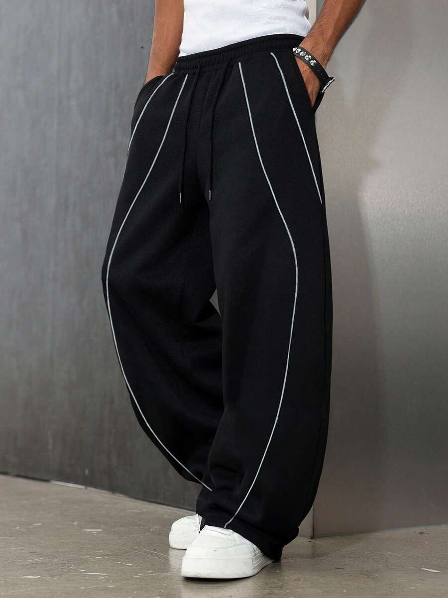 Manfinity Homme Men's Loose Casual Patchwork White Piping Plus Size Sweatpants - Black - View 1