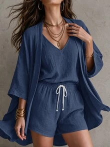 Solivie 女款休閒細肩帶上衣、抽繩腰口袋短褲與開襟外套三件套 - 藏蓝色 - 查看 4