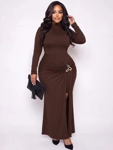 Poshavie Poshavie Plus Size Elegant Long Sleeve Bodycon Midi Dress Metal Ring Ruched Wrap Party Autumn Dress - Brown - View 6
