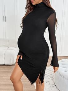SHEIN Maternity Solid Color High Neck Mesh Patchwork Long Sleeve Fitted Dress - Black - View 1