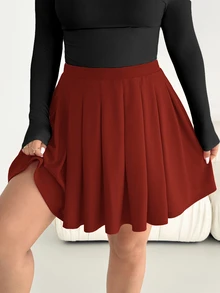SHEIN Essnce 大尺碼女款純色休閒學院風百褶裙 - 鏽棕色 - 查看 2
