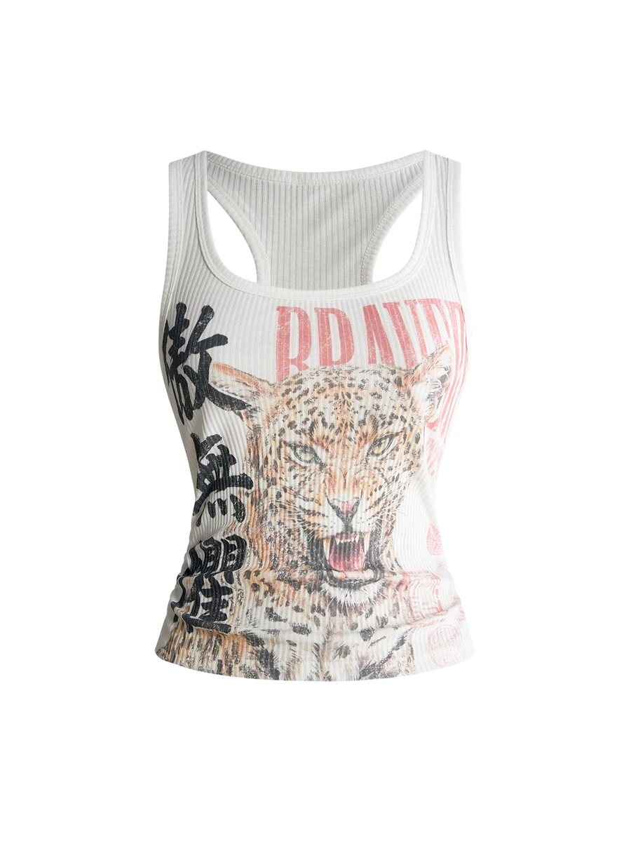 ROMWE Hippie Tank Top Wanita Gaya Vintage Baru Cina Motif Leopard dengan Teks Cina & Inggris, Serbaguna untuk Semua Ukuran - Putih - View 1