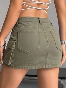 Jeanoix 女款夏季純色工裝牛仔裙 - 軍綠色 - 查看 2