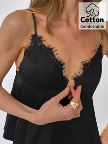 Aloruh Women's Spring/Summer New Solid Black Lace Trim Camisole - Black - View 5