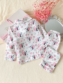 SHEIN 女童優雅甜美熊貓與愛心圖案休閒舒適長袖上衣＋長褲兩件式居家服套裝 - 粉色 - 查看 2