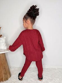 2pcs/Set Young Girl Fashion Casual Drop Shoulder Ribbed Knit "Smile" Graphic T-Shirt And Leggings, Pink Outfit Girls Girls Ribbed Set Girls Fall Sets Girls Comfy Set Girl Sweat Suit Set - Burgundy - View 2