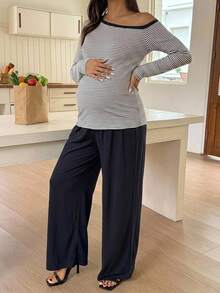 Dazy Maternity Striped Asymmetrical Shoulder Long Sleeve T-Shirt & Straight Leg Pants Casual Vacation Home Daily Spring Autumn Maternity 2 Pieces Set - Black - View 4
