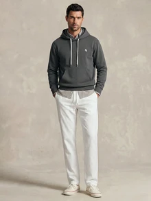 Lornavo Men's Cotton Solid Color Waist Tie Casual Versatile Long Pants Vacation All White Autumn - White - View 8