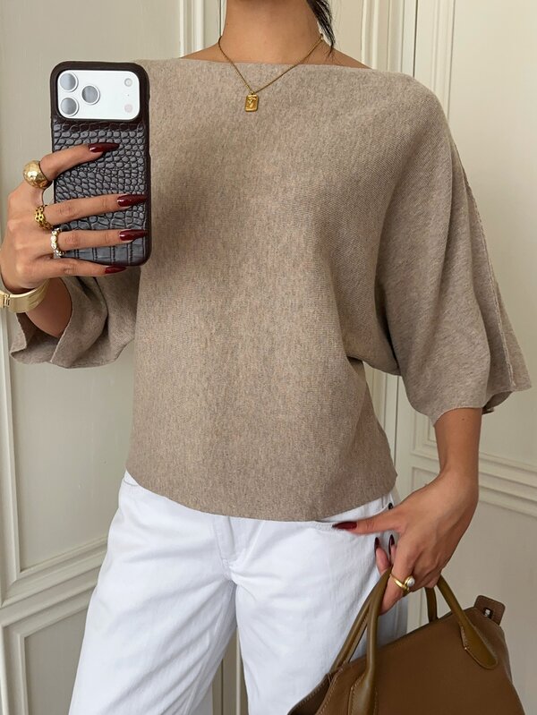 Siren Gaze Elegant Women's Solid Color Batwing Sleeve Boat Neck Knit Top, Casual Loose Fit, Suitable For Daily Wear