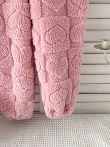 SHEIN 秋冬雙面保暖內裡加厚女童幼兒連身衣，可愛愛心與方格提花絨毛柔軟舒適休閒連帽拉鍊長袖長褲居家服，秋冬冬季款 - 粉色 - 查看 7