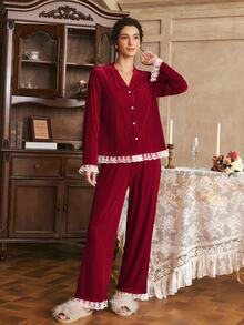 Côtesoire Women's French Elegant Velvet Contrast Color Lace Long Sleeve Pants Pajama Set - Burgundy - View 1