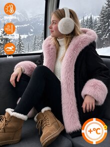 SHEIN 少女款毛毛領連帽派克夾克外套 抽繩收腰長版冬季保暖大衣 - 黑色 - 查看 1