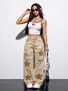 SHEIN PETITE 女款休閒搖滾街頭風迪斯可日常穿著牛仔褲，附口袋、鈕扣與破洞設計，夏季電音音樂會派對米色 - 卡其色 - 查看 6