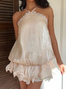 CovetEZ Women's Contrast Lace Ruffle Hem Fashion Halter Neck Mini Dress - Apricot - View 3