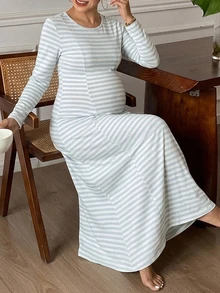 Dazy Maternity Contrast Stripe Umbrella Skirt Long Sleeve Round Neck Casual Vacation Versatile Daily Spring Autumn Maternity Dress - Blue - View 3
